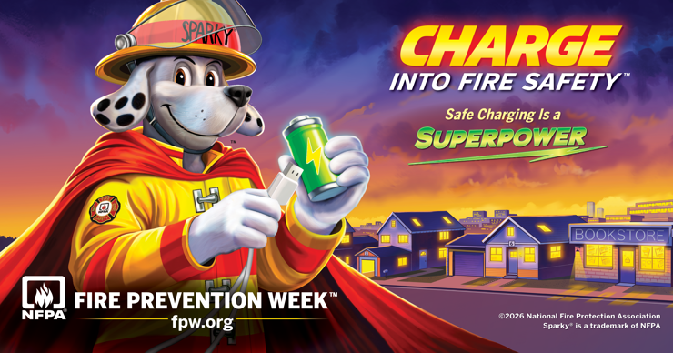 Charge Into Fire Safety - Safe Charging is a Superpower - Sparky the fire dog is holding a lithium-ion battery