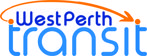 Logo for West Perth Transit: blue words with an orange arrow.